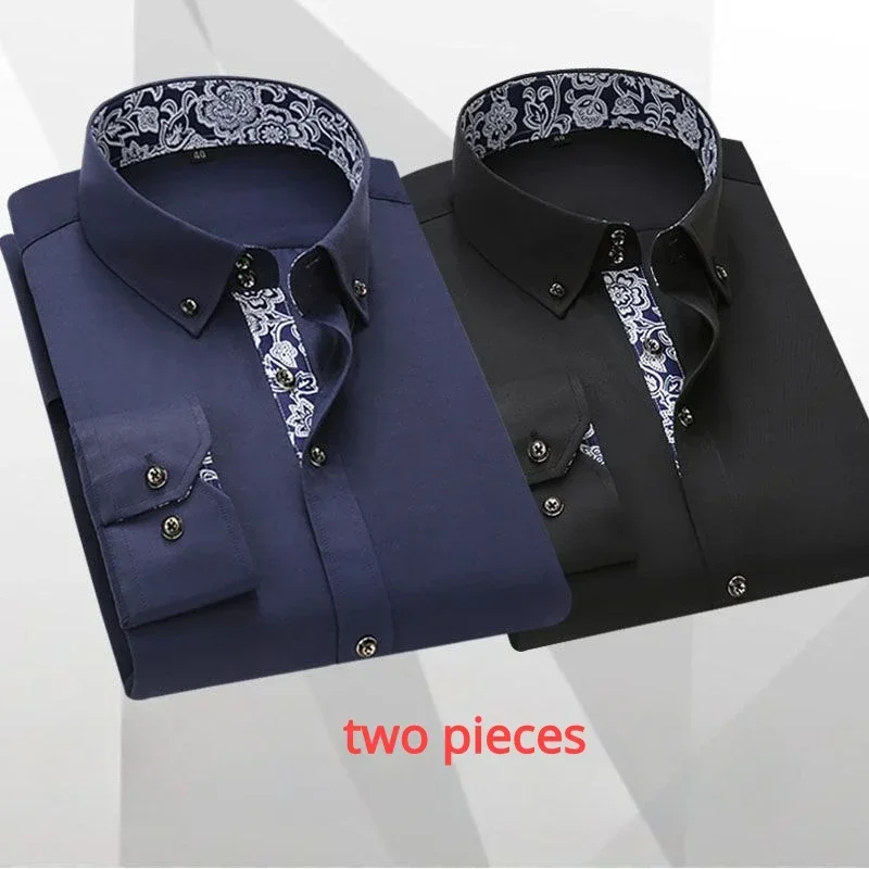 Blue and White Porcelain Collar Shirt Long Sleeve Men\'s Dress Shirts Slim Fit Two Pieces Set Button Down Business Casual Shits