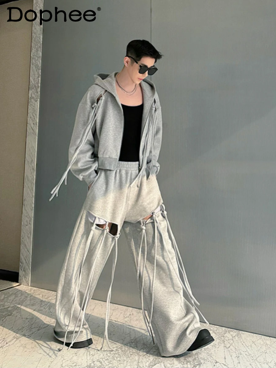 

Fashion Hollowed-out Long Sleeve Hooded Sweatshirt Sets Men's Short High-End Casual American Style Wide-Leg Pants Two-Piece Set