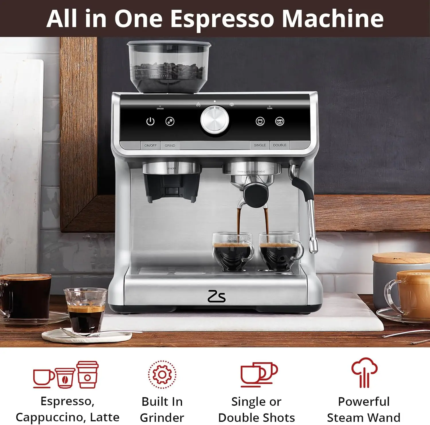 Compact Coffee Machine with for Cappuccino,Latte, Fast Heating, Stainless Steel