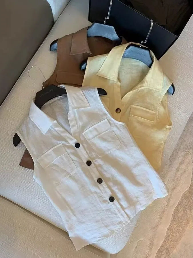 

Облегающий льняной жилет с воротником-стойкой, женский летний необычный дизайн Sensation, моющийся топ без подушечек