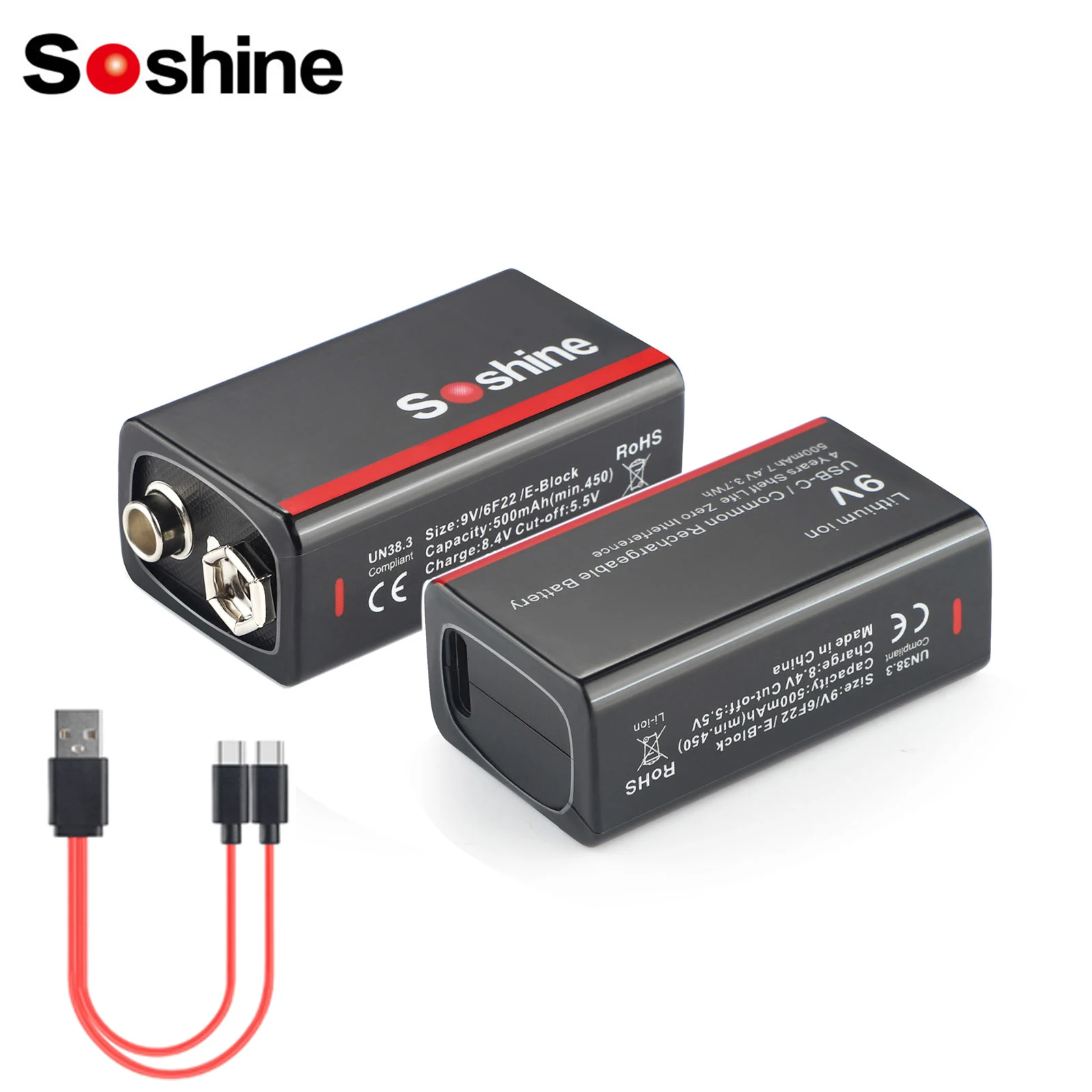 Soshine 500mAh USB Lithium Battery 9V 500mAh Low Self-discharge Li-ion Rechargeable Battery 4-Year Shelf Life 4LED Power Display