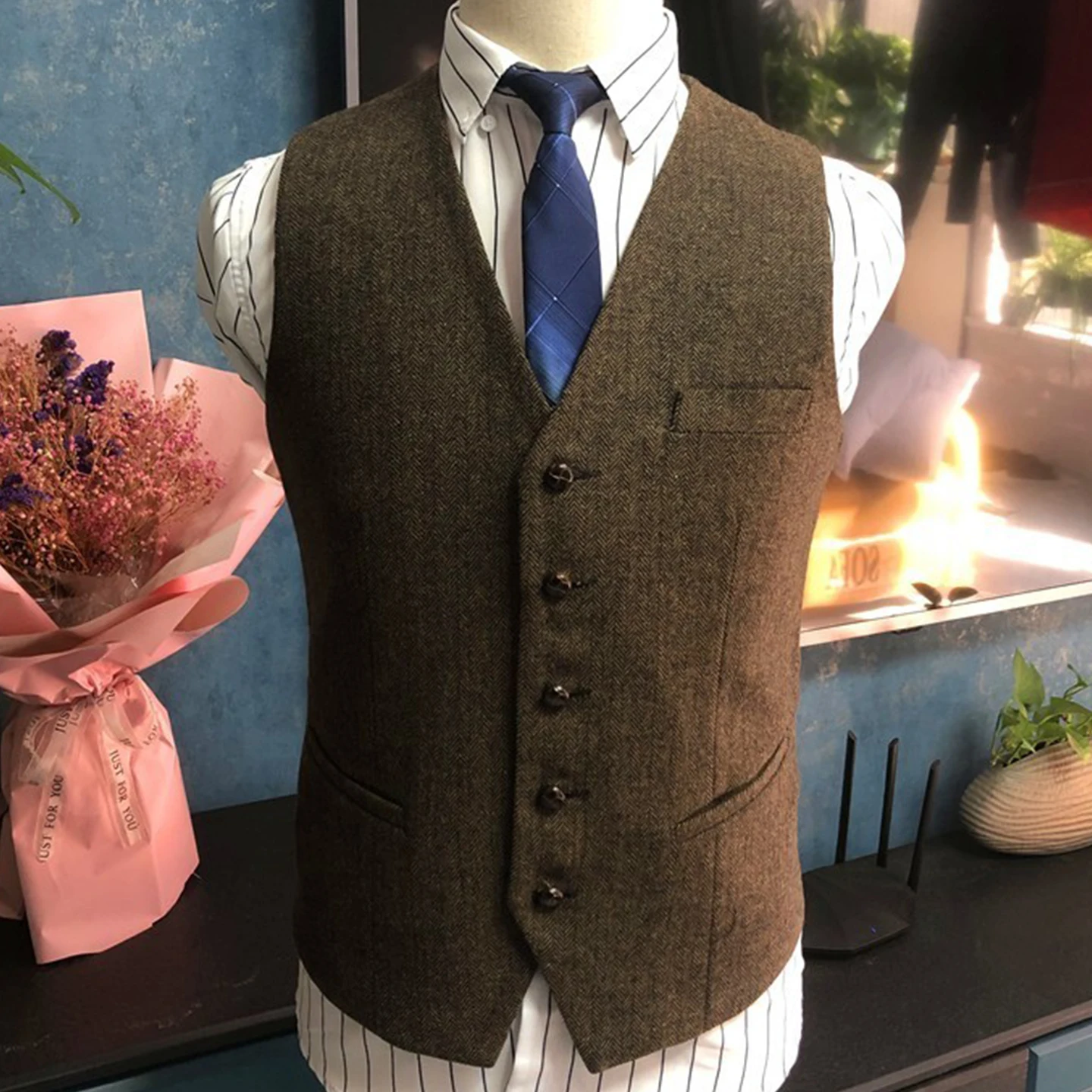 Rompi Wol Herringbone Hangat Retro Gaya Amerika Rompi Setelan Slim-Fit Pria Ukuran Besar