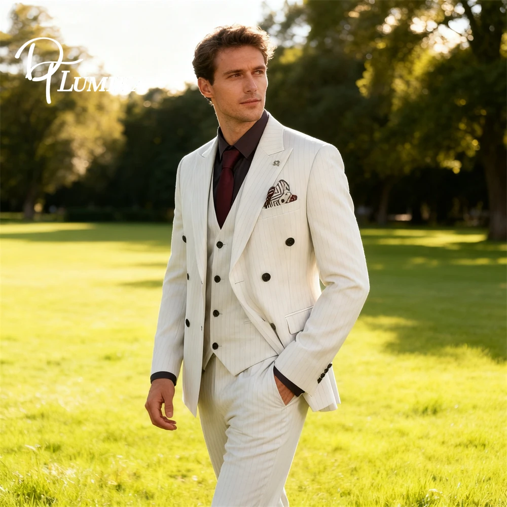 

DTLumika Men's White Striped Suit Three Piece Set Double Breasted Formal Suit Jacket Vest Pants Business Men Tuxedo Dinner Suits