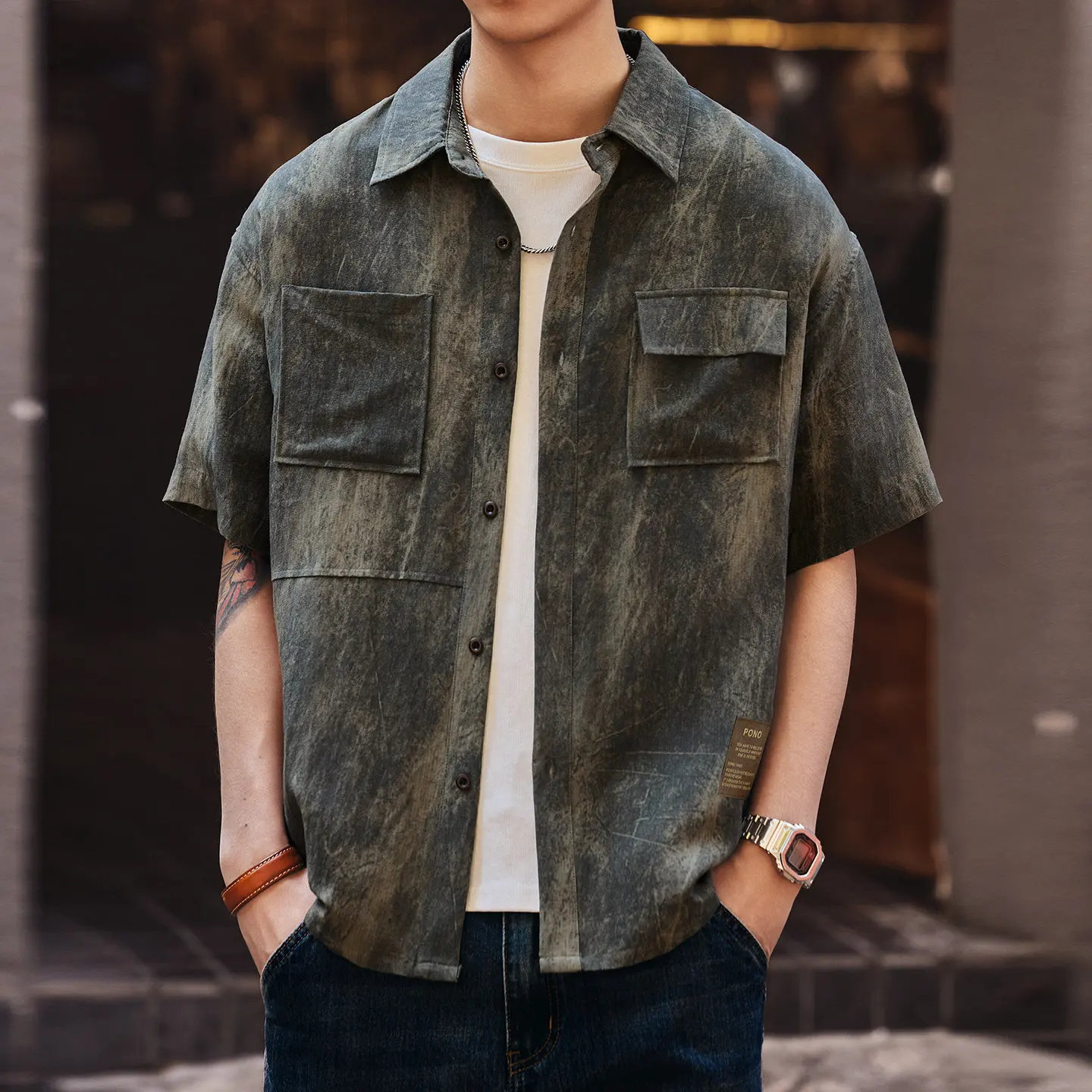 Men's American Vintage Tie-Dye Short Sleeve Shirt, Summer Loose Workwear Multi-Pocket Blouse, Trendy Casual Versatile Top