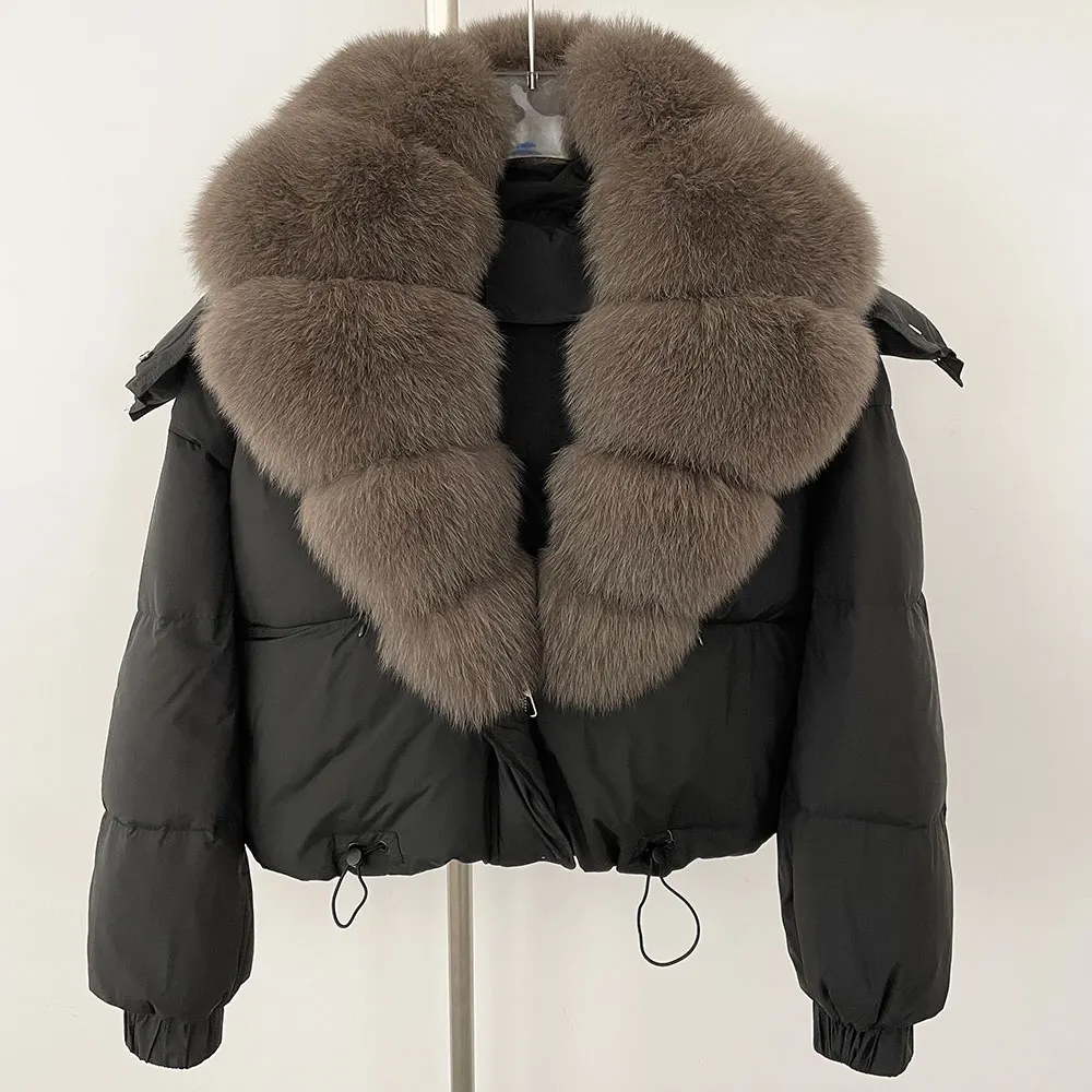 2024 New Winter Big Natural Fox Fur Fluffy Puffer Coat Women Button Warm 90White Duck Feather Down Short Jacket Waterproof Parka