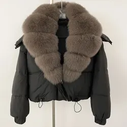 2024 New Winter Big Natural Fox Fur Fluffy Puffer Coat Women Button Warm 90White Duck Feather Down Short Jacket Waterproof Parka