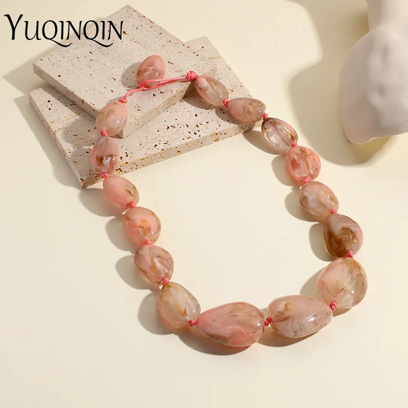 Trendy Cute Colorful Resin Beads Necklaces for Women Girl Vintage Design Beaded Chain Short Choker Necklace Simple Jewelry Party