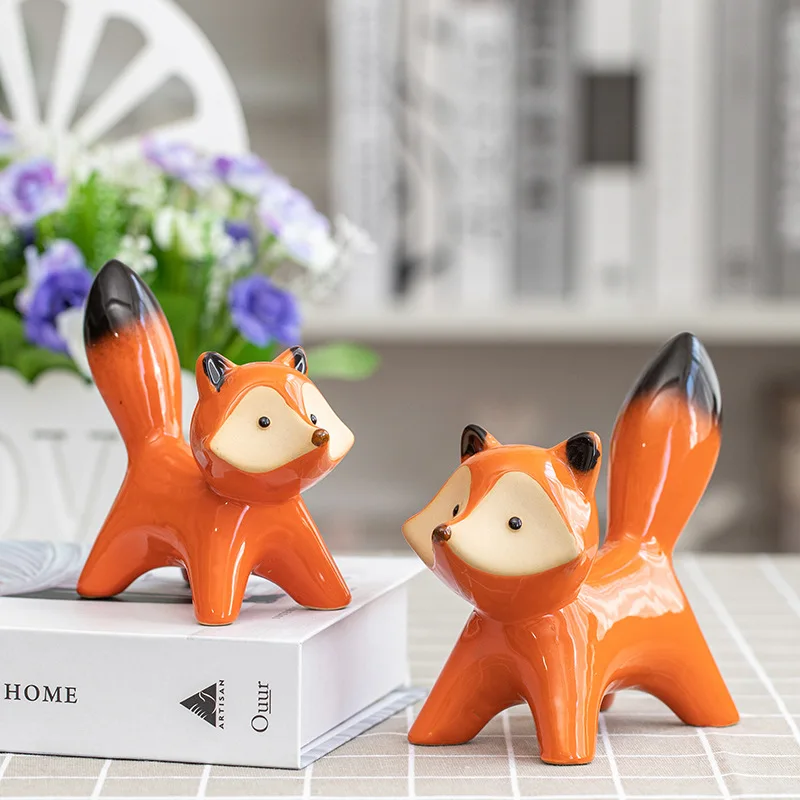 2 Pcs/Set Ceramic Couple Fox Miniature Figurines Modern Animal Decoration Loft Sculpture Statues Home