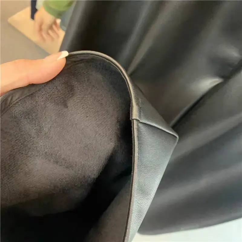 Outono e inverno estilo coreano couro do plutônio calças de perna larga para mulheres preto cintura alta solta moda nove pontos calças