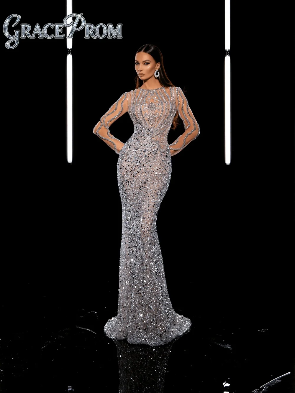 

Formal Long-Sleeved Evening Dress Graceful Beaded Crystal Evening Gown Charming A-Line Floor-Length Party Gown Customized
