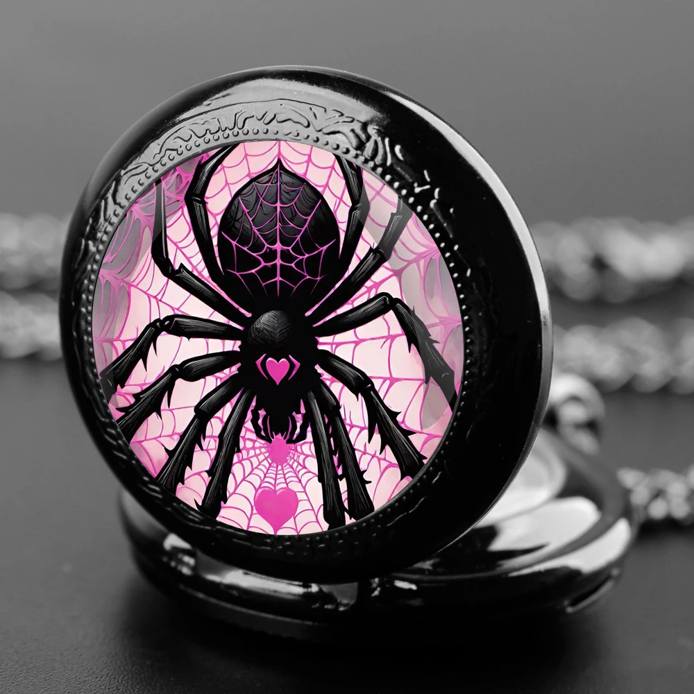 

Fashion Love Spider Pink Web Quarzt Pocket Watch with Chain Necklace Vintage Quartz Pendant Watches Clock Chain Mens Women