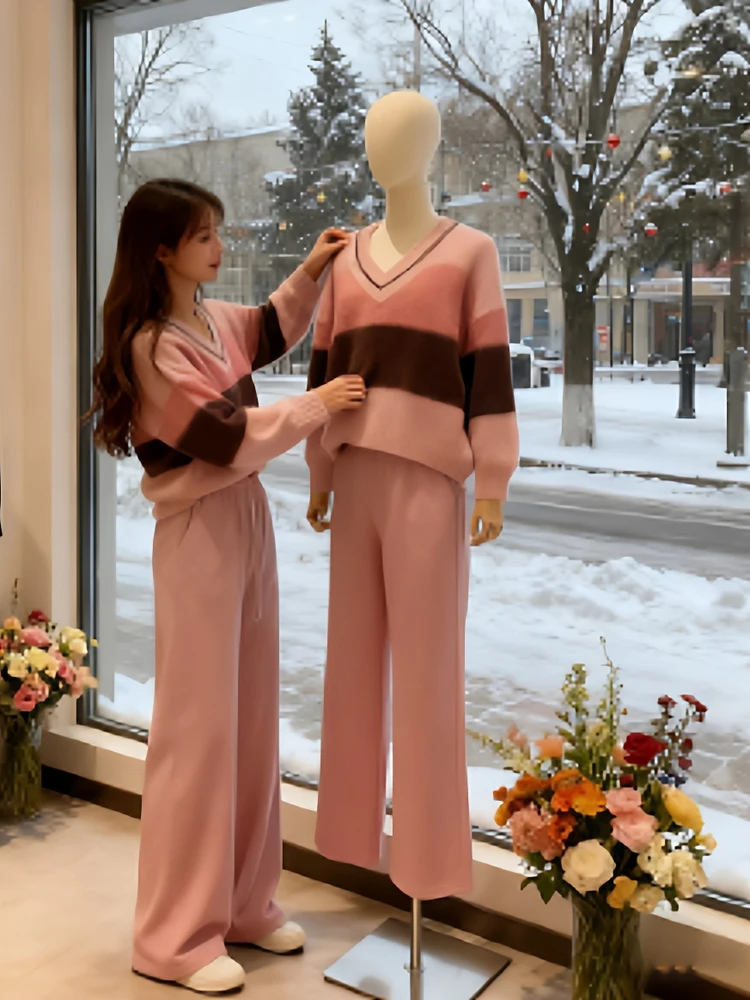 

plus Size Autumn Winter Casual Knitted Sweater Set with Slimming Straight Leg Pants V Ne Two Piece Set Comfortable Faion