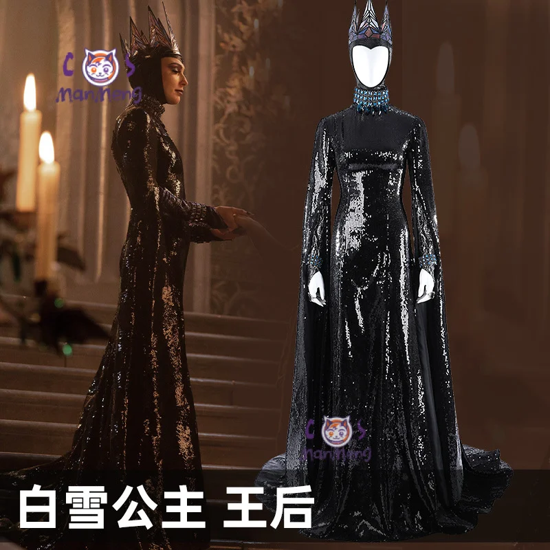 Evil Queen Wicked Queen Cosplay Snow White Witch Costume Halloween party black sexy sequin hat crown ring bracelet long dress