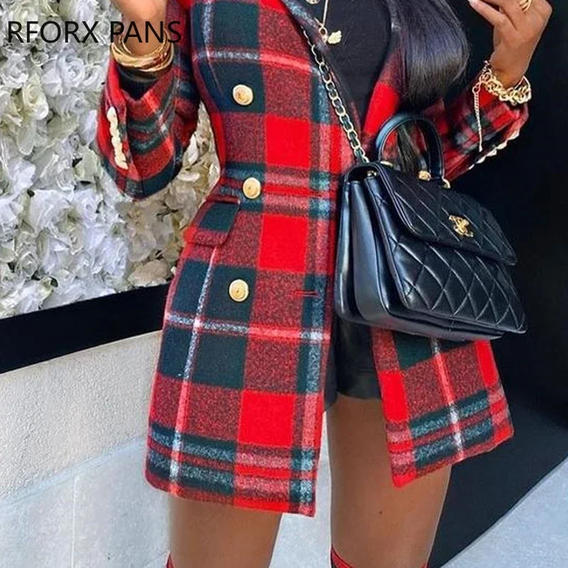 Women Chic Elegant Plaid Pattern Colorblock Buttoned Longline Blazer Coat