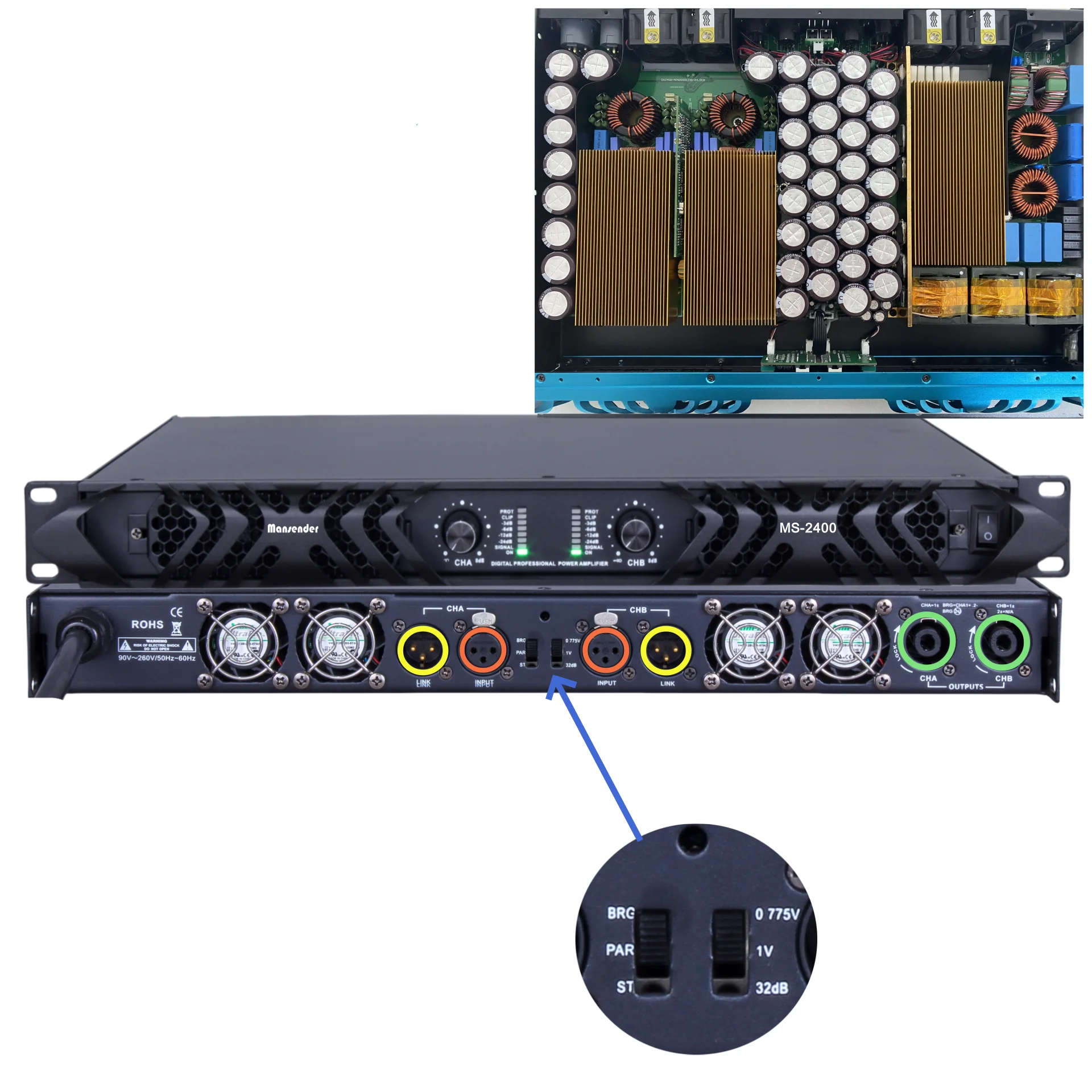 Mansender TOP Professional Audio 1U Class D Digital Amplifier 2 Channel Big Power 2400 Watts Power  Imported Material Parts Amp