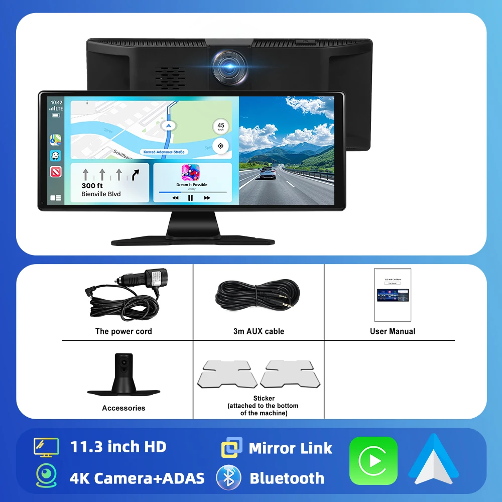 Podofo 11.3 "Android Auto Autoradio Stereo Smart Player Carplay Scherm Met ADAS 4K Foward Camera Ondersteunt AirPlay Android Cast