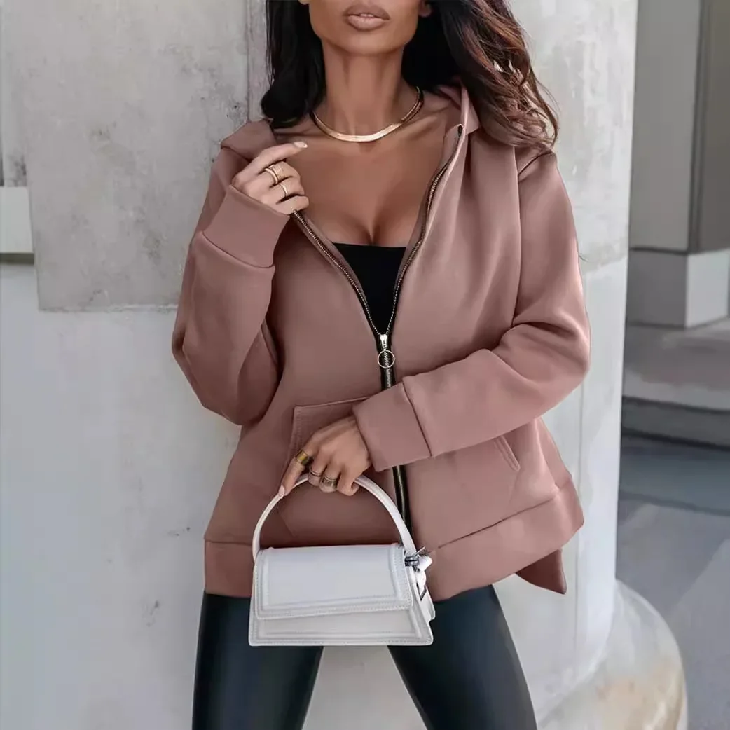 Japan and South Korea New Loose Casual Hooded Cardigan Hoodie, Women's Autumn and Winter Fashion Solid Color Zipper Hoodie Coat