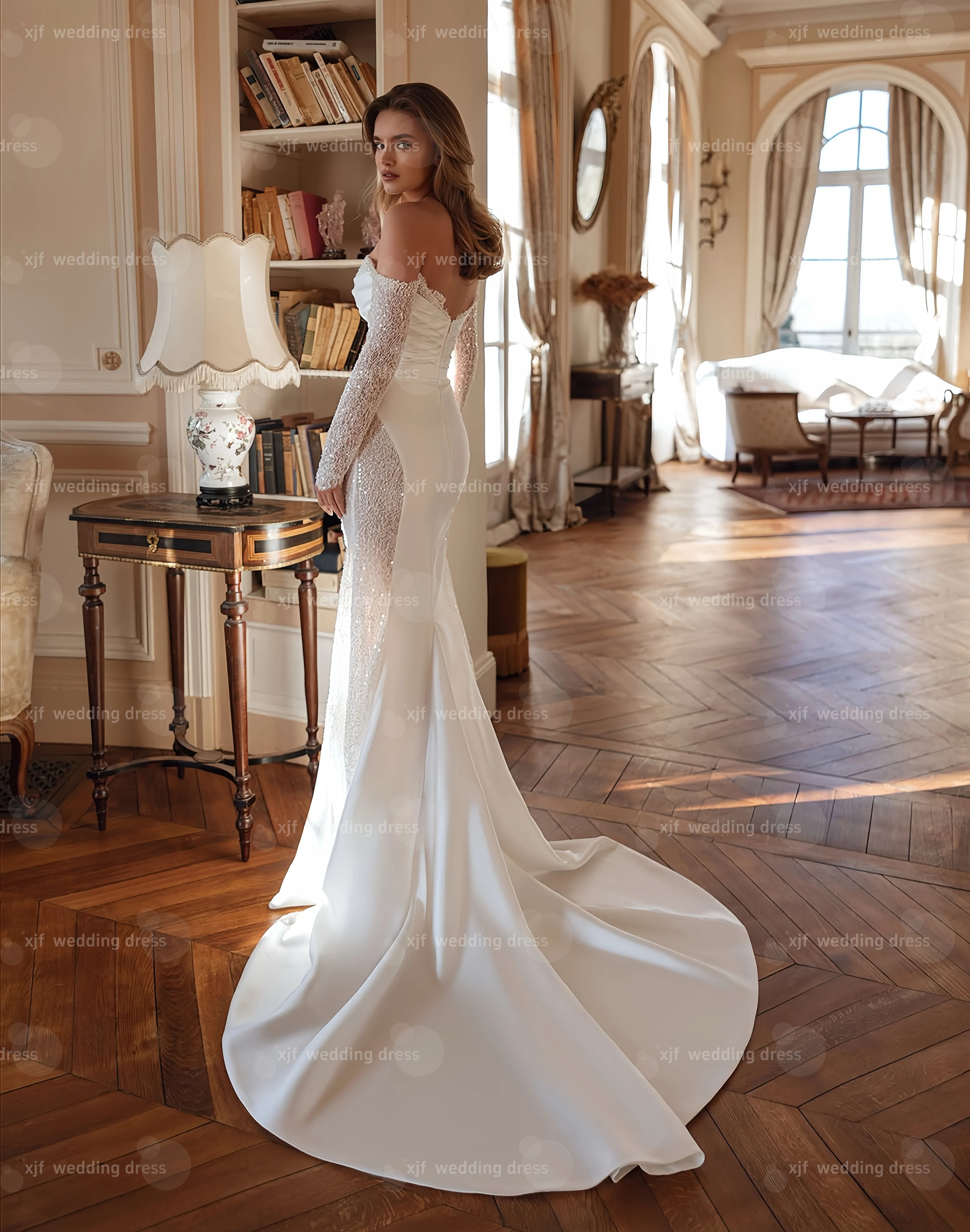 Customzied Sweet Collar Long Sleeve Satin Mermaid wedding dress vestidos de novia amanda novias amanda novias official