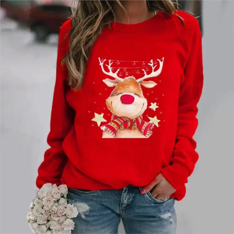 Christmas Themed Women's Long Sleeved Round Neck Hoodie With 3D Digital Printing Cartoon Pattern Top Autumn New Product Ladies