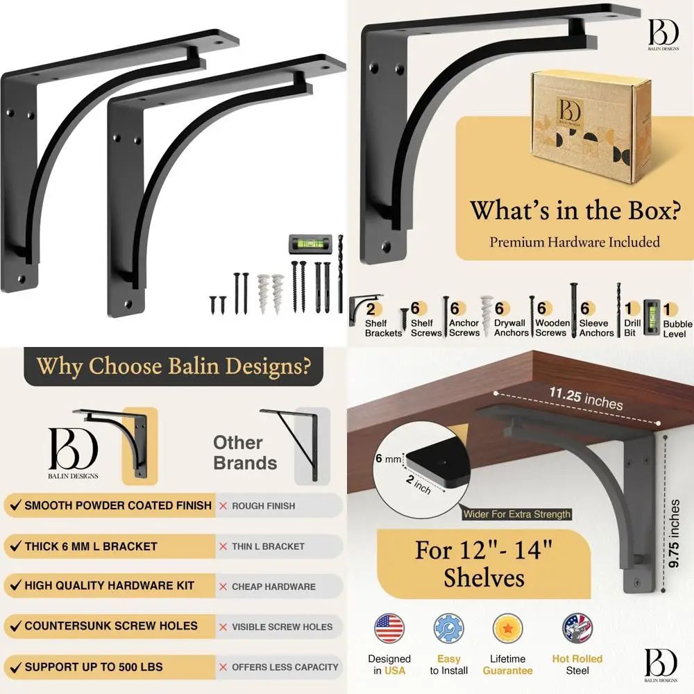 

Heavy Duty 12-Inch Wide Wall Mounted L Brackets for Extra Support and Decorative Shelving