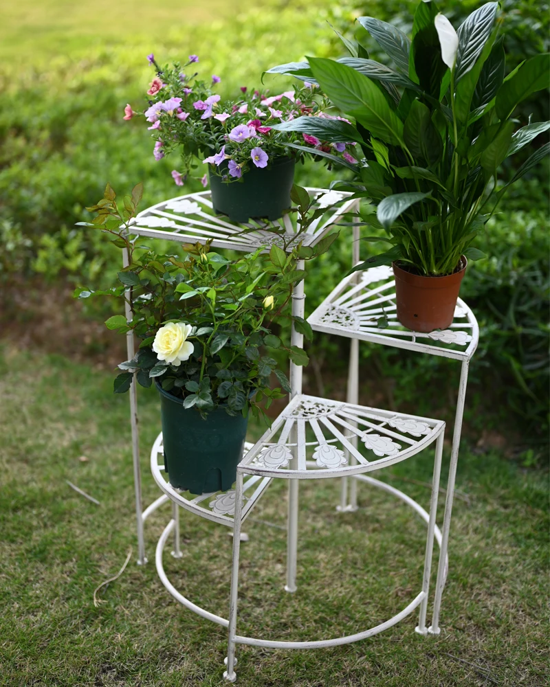 Spiral Staircase Folding Metal Garden Plant Pot Stand with Floral Design