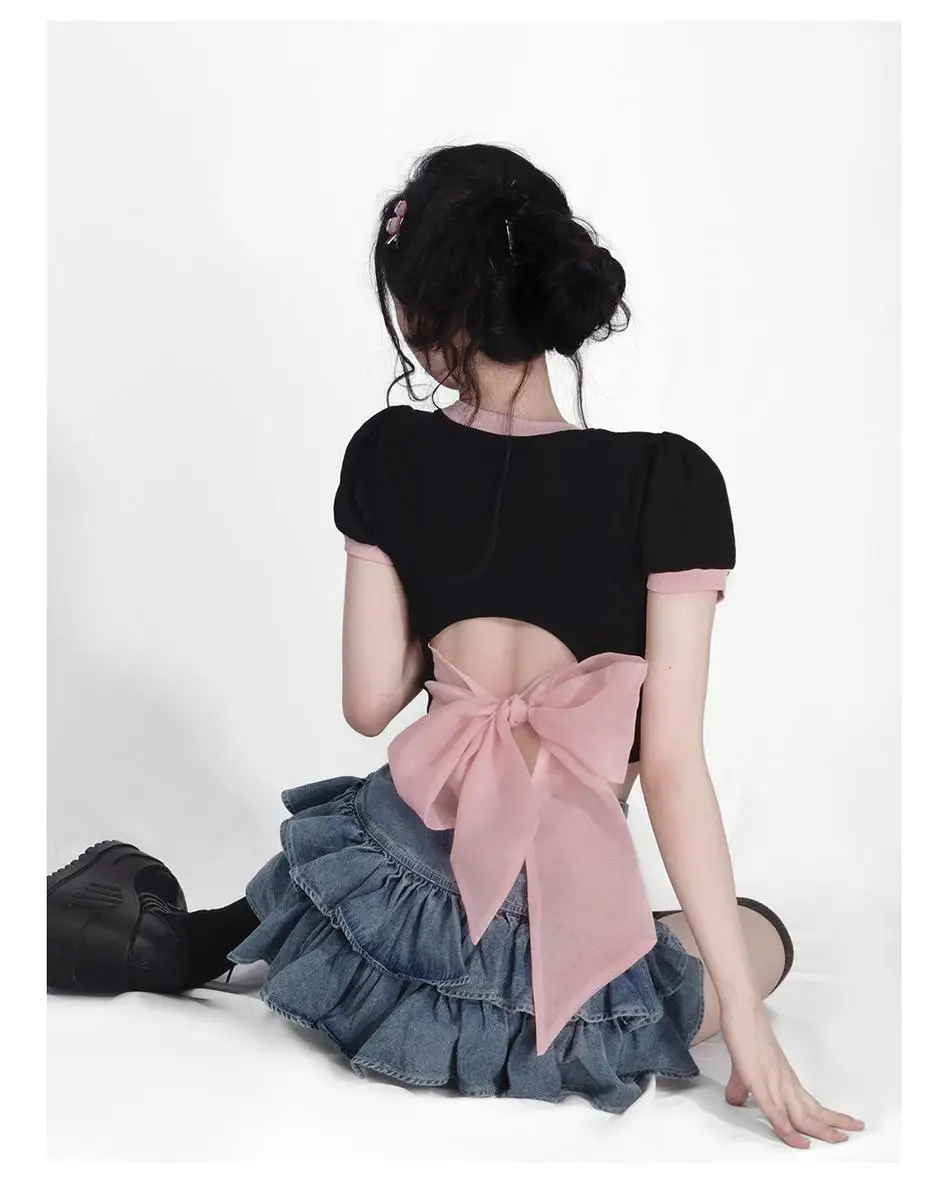 Love Hollow Card Waist Small Shirt Short Sleeved T Shirt Female New Bow Bubble Bubble Sleeve Hot Girl Slim Short Top