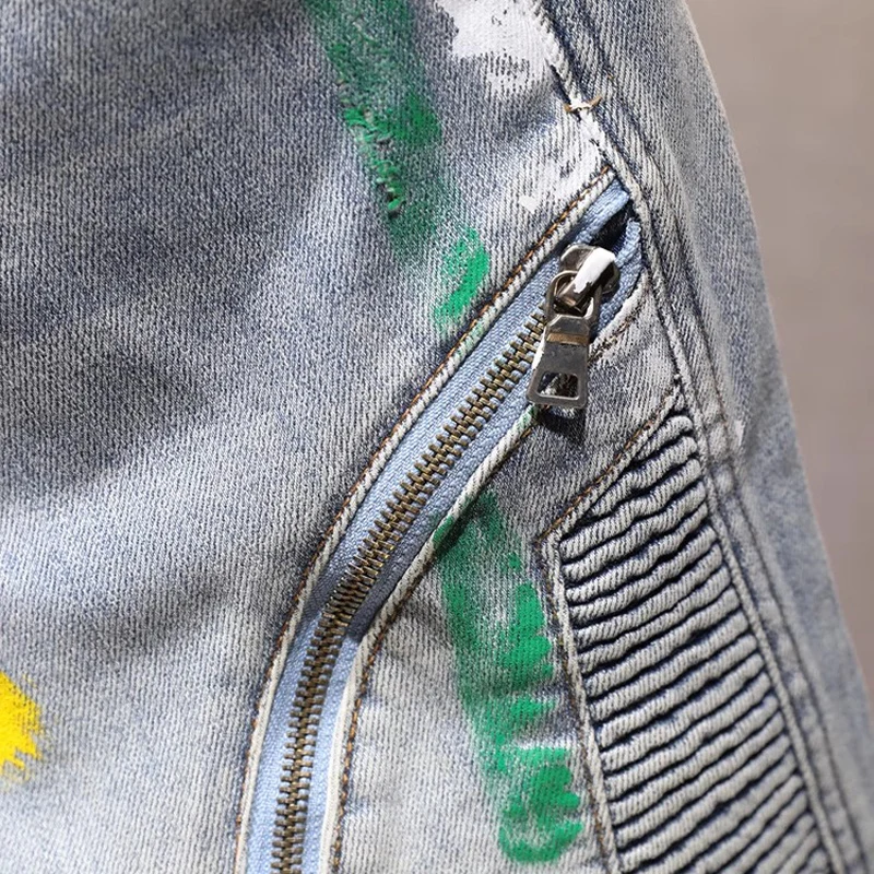 

Y2k Italy's new denim jeans, painted zipper decoration, fishing net patch, nostalgic stretch slim fit, retro blue jeans, high st