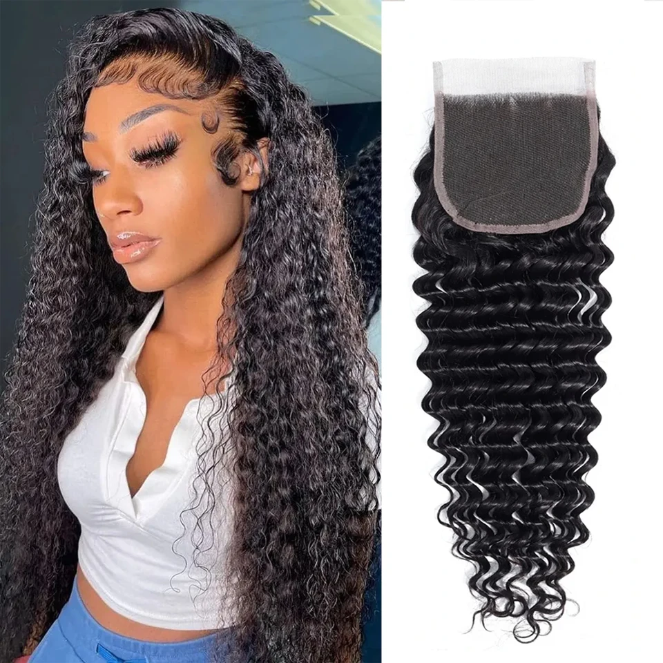 4x4 Lace Closure Deep Wave Brazilian Human Hair Transparent Lace Pre-Plucked with Baby Hair Natural Black Closures Fast Delivery