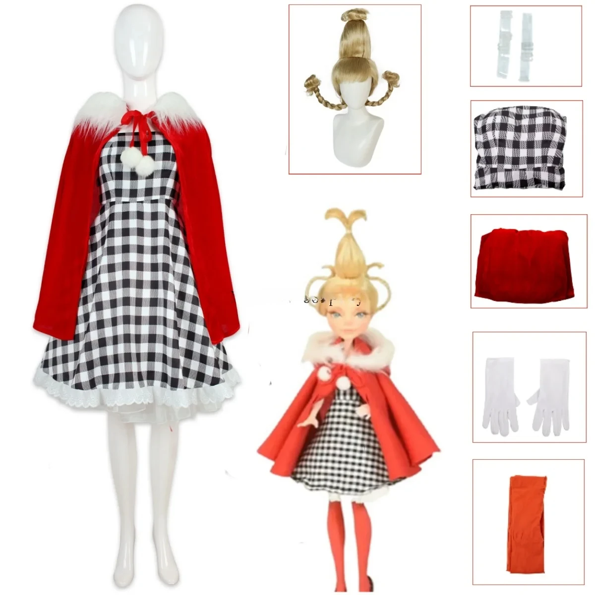 

{110cm-3XL} костюм для косплея Cindy Loou Who CINDY, Рождественский красный плащ, клетчатое платье, новый год, Рождество, женский стиль