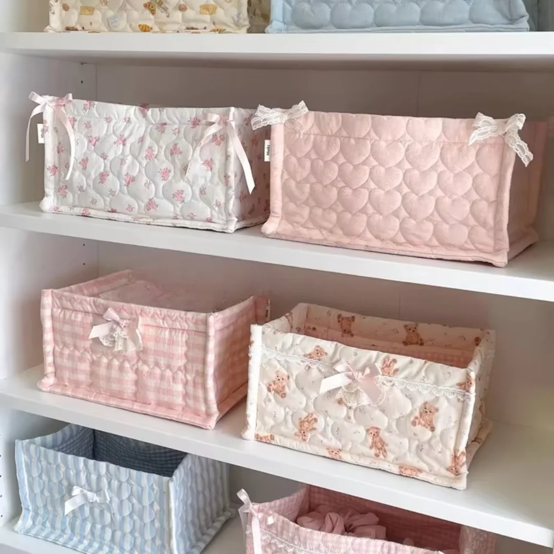 Square Storage Basket Lace Flower Desktop Organizer Storage Basket Korean Quilted Storage Basket Cute Storage Frame Home Decorat