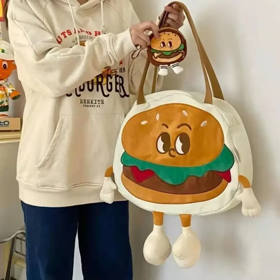 Miyagawa Cute Funny Burger Class Commuter Bag Versatile Kawaii Bag Causal Girl Contrast Colored One Shoulder Tote Bag