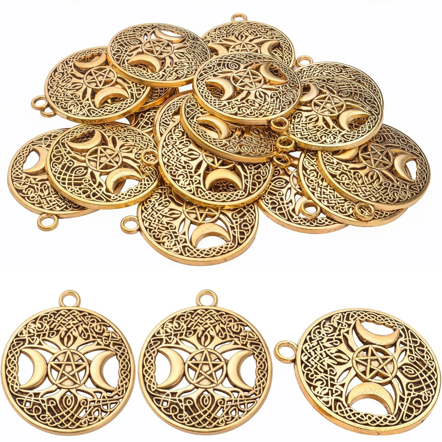 

20pcs Tree of Life Charms with Triple Moon Goddess Pentagram Tibetan Alloy Round Pentacle Pendants Vintage Tree Dangle Charms