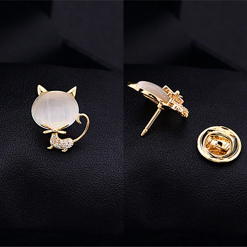 Cute Cat Brooches Temperament Opal Brooch Pin Chic Crystal Lapel Pin Collar Button Party Dress Suit Women Protection Buckle