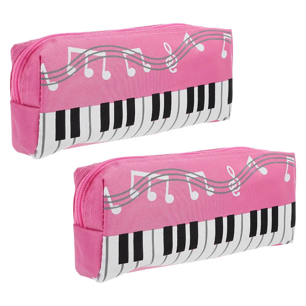 2Pcs Canvas Pencil Pouch Cute Pencil Case Zipper Piano Keyboard Design Women Makeup Brush Storage Bag School