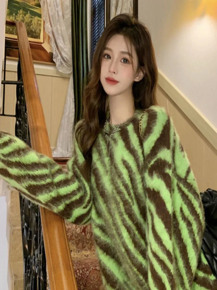 Women's Clothes Sweater Loose Korean Fashion Leisure Green Crew Neck Tiger Stripes Pullover Long Sleeves Knitting Autumn Tops