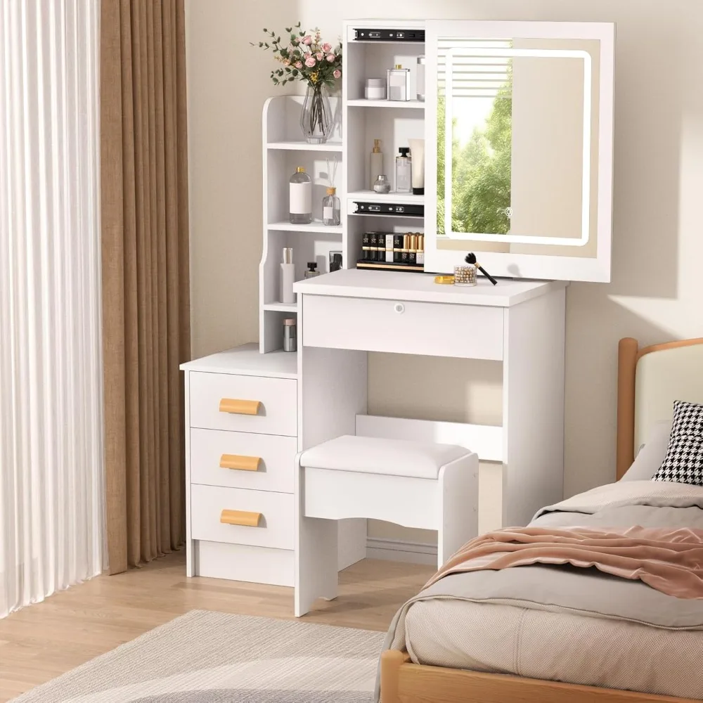

The dressing table is equipped with adjustable LED light mirrors and stools, with 4 drawers and 6 shelves