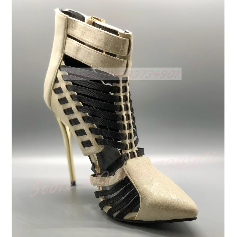 Cutout Strappy Metallic Heel Ankle Boots Women Gold Double Buckle Beige Suede Caged Pointed Toe High Heels Hollow Summer Boots
