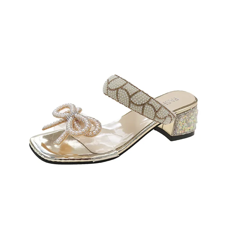 Gentle Bow aught Optical Heel Sandals pour femmes, One Line Transparent Diamond, Square Head Open Parker, Chaussures dégradées, Été, Nouveau