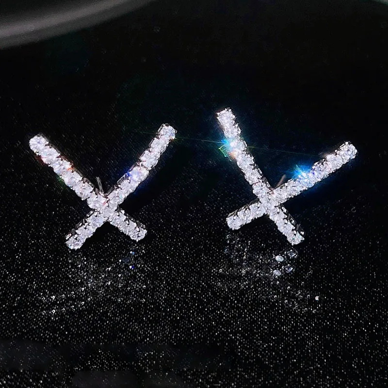 KOFSAC S925 Sterling Silver Stud Earrings For Women Shiny Zircon X Shape Cross Earring Jewelry Fashion Girl Party Accessories