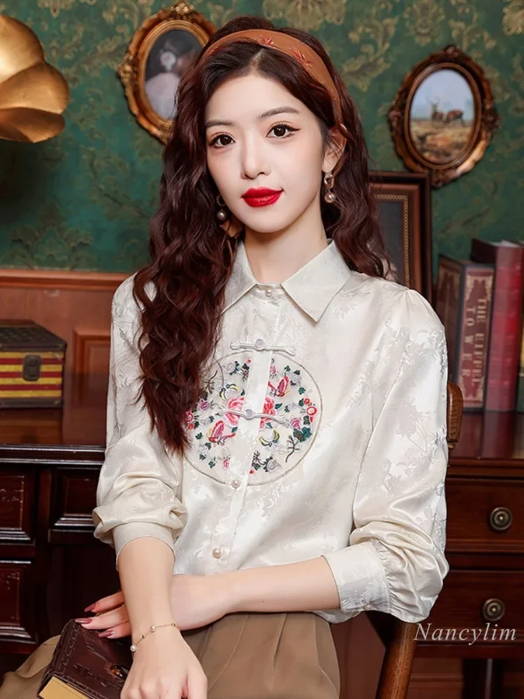 New Chinese Long-sleeved Chiffon Shirt Autumn Women's 2024 New National Style Embroidered Top High-end Match Horse Skirt Blouse