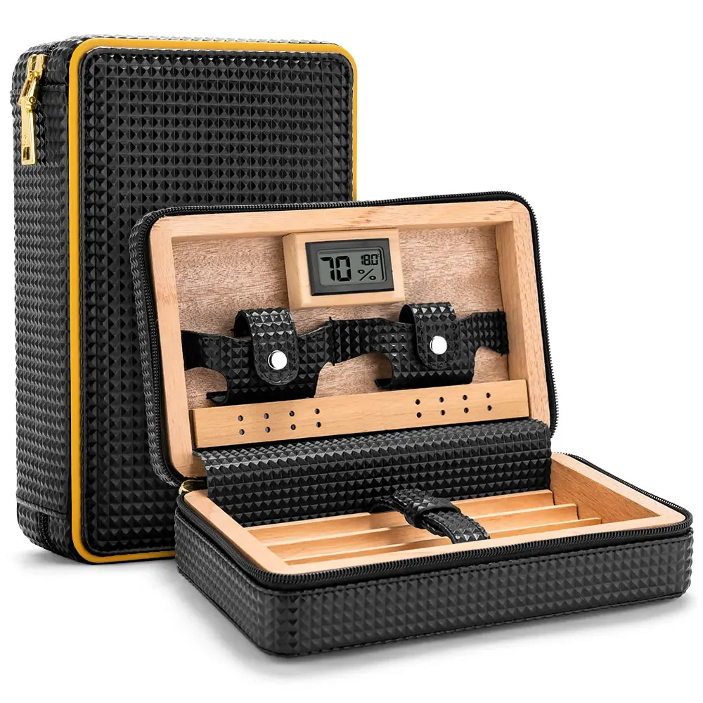 

Cigar Box Portable Travelling Humidor Box Silicone Leather Cedar Wood Four Slot Zipper Cigar Storage Case