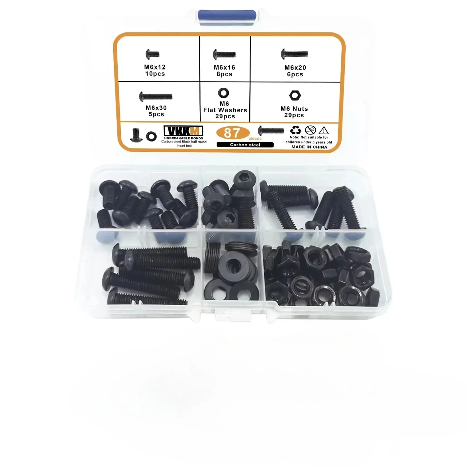 VKKM87 M6 zeshoekige boutmoercombinatie, lengte 10 tot 30 mm, geschikt voor verschillende toepassingsscenario's.