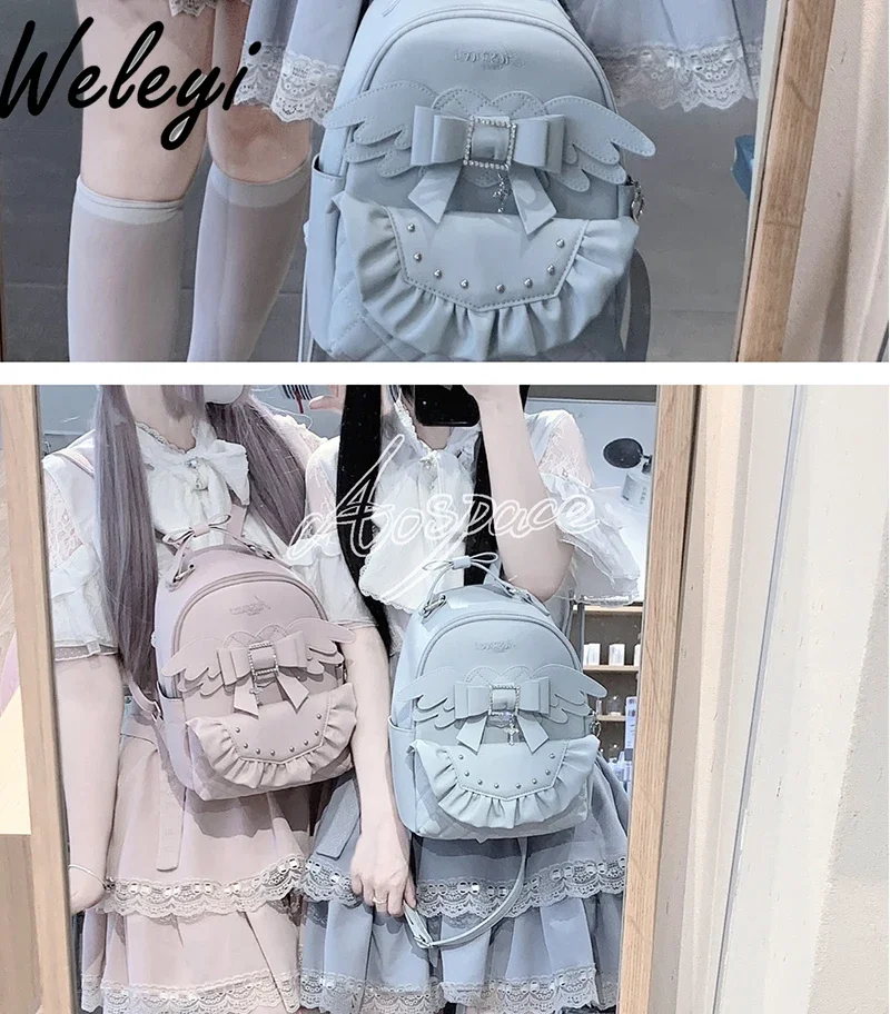 Japanese Cute Lolita Pink Backpack Sweet Girly Mine Series Mass-produced Water Color Bags Versatile Love Wing Backpacks 2024