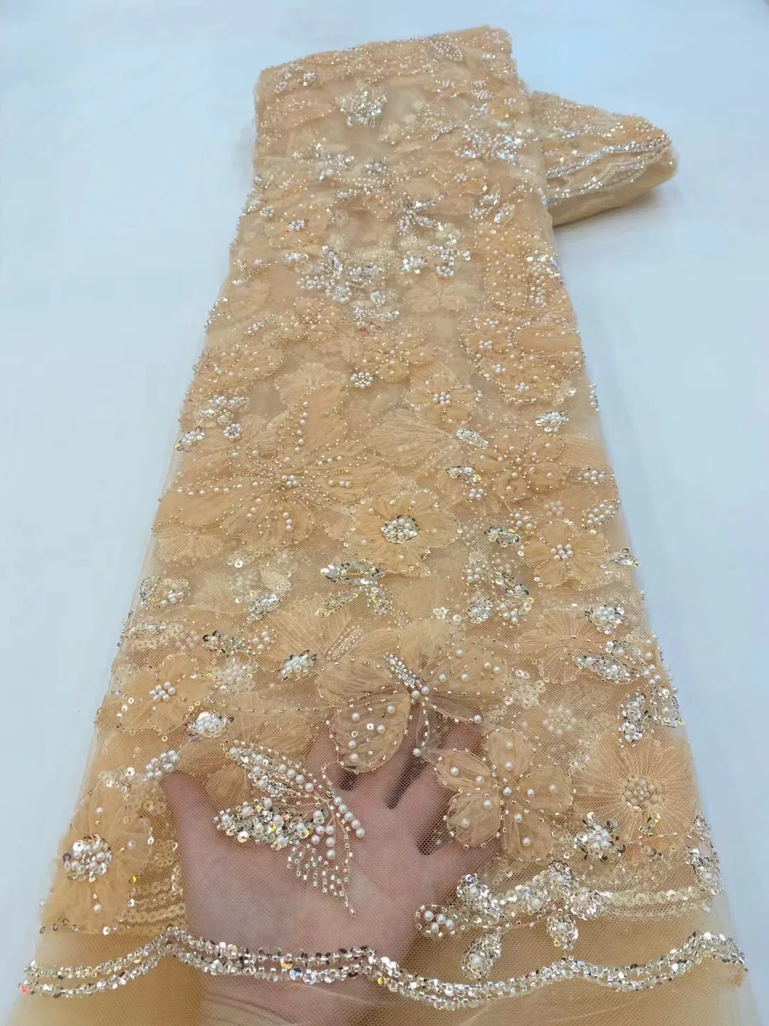 2.5yards African Sequins Beads Lace Fabric 2025 White High Quality French Mesh Tulle Embroidery Wedding Bridal Lace Material