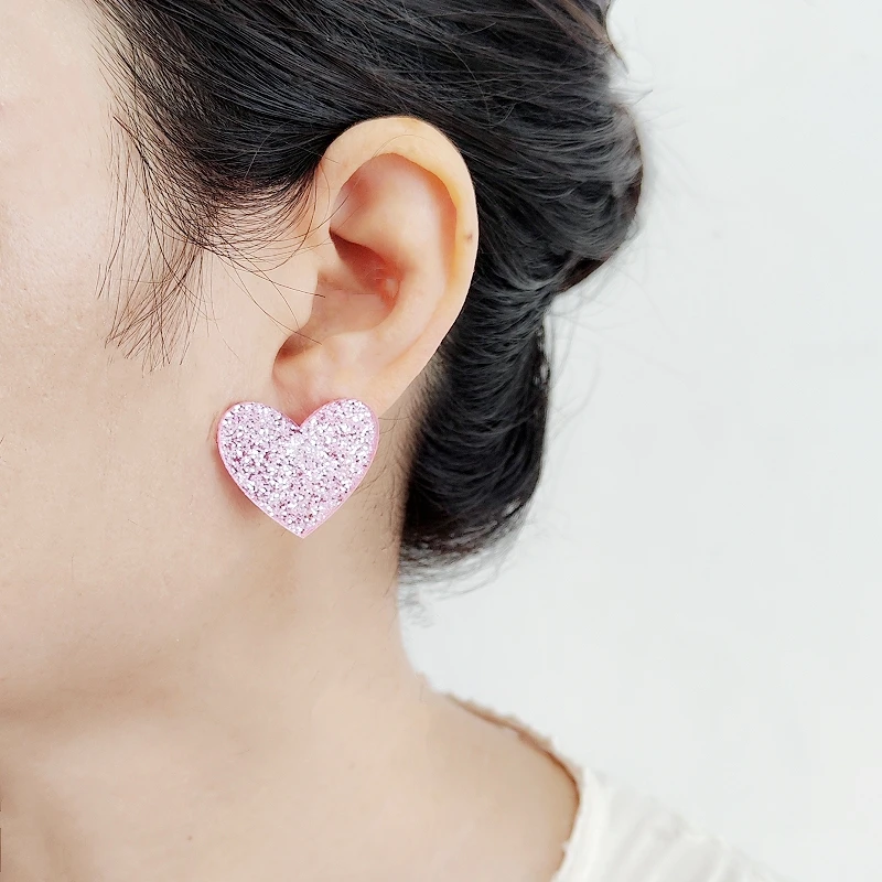 KUGUYS Cute Glitter Peach Heart Stud Earring for Women Acrylic Fashion Summer Jewelry Accessories