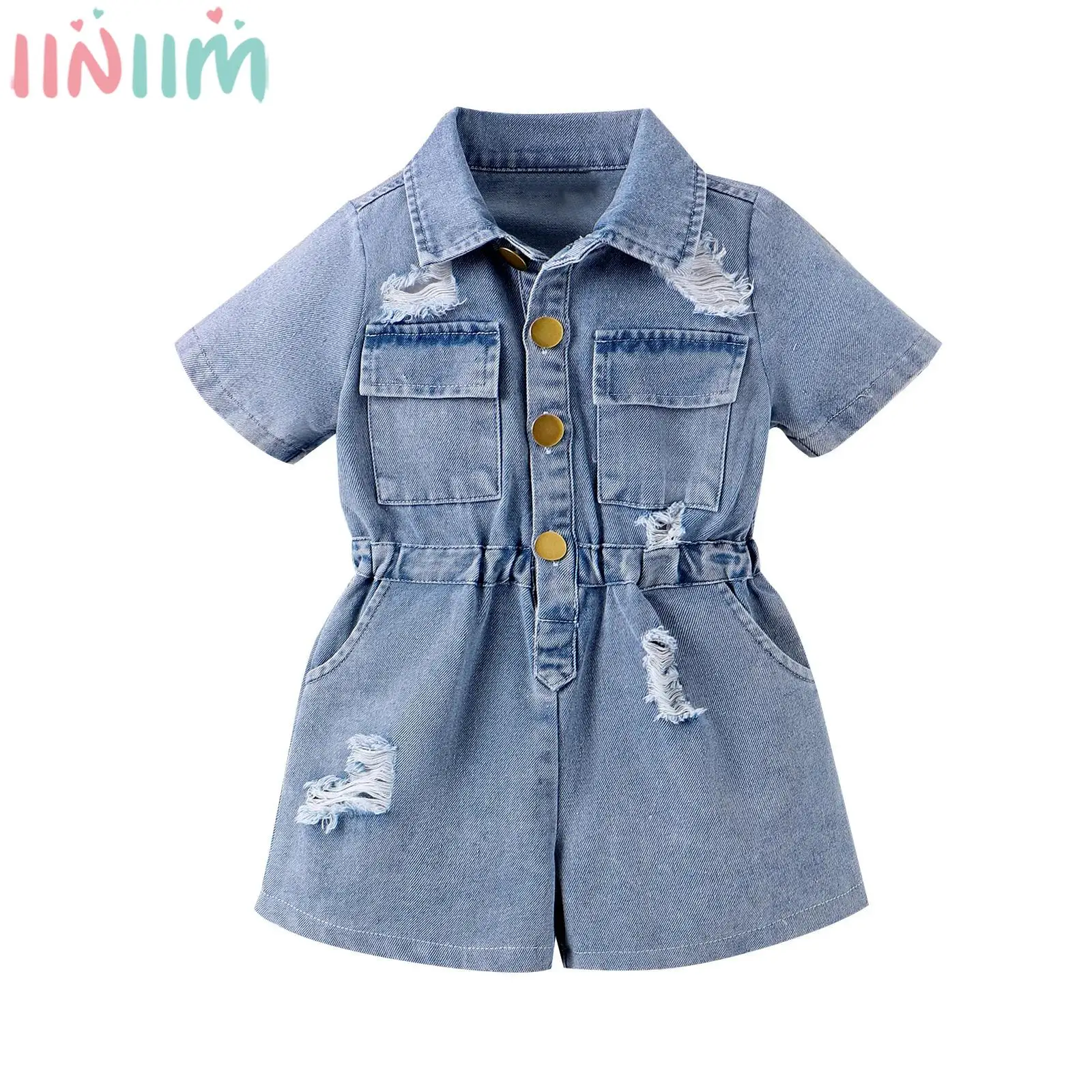 

Toddler Girls Fashion Casual Denim Romper Summer Short Sleeve Lapel Ripped Jeans Overalls Jumpsuit for Daily School Photo Shoot