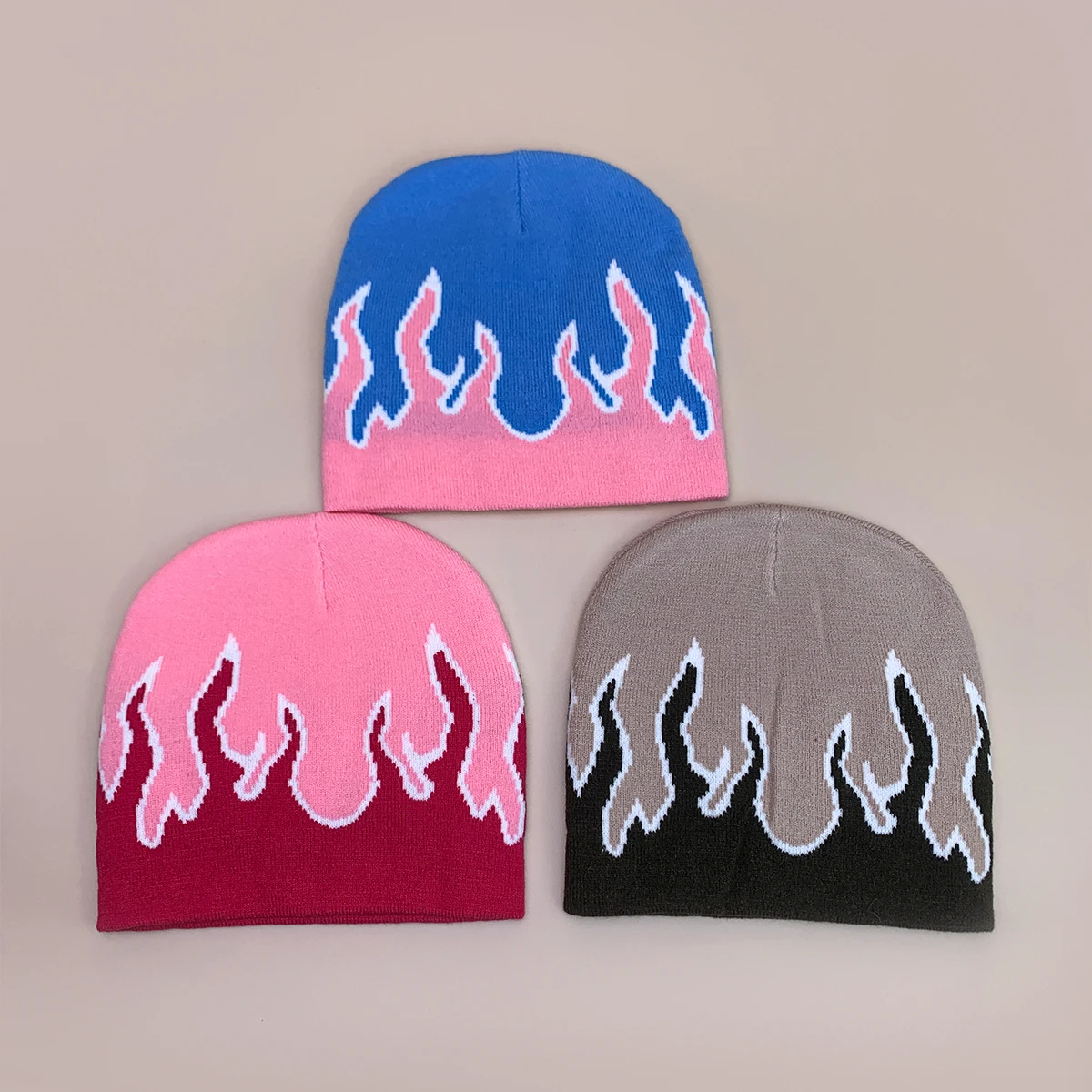 New Autumn and Winter Color Block Fashion Fire Unisex Hip Hop Flame Knitted Hats Warm American Style Versatile Street Beanies