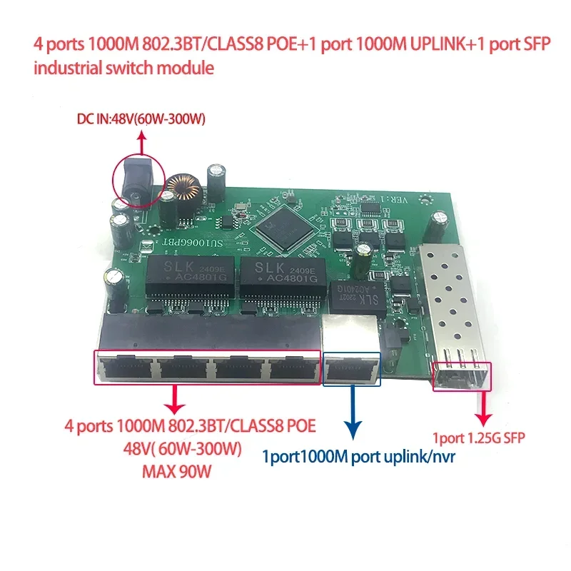 Interruptor da indústria Ethernet, 5 10/100/1000m, 48v (60w-300w), 4 portas switch poe, 802. 3bt/class8 com 1 porto 1000m uplink/nvr, 1 porto sfp