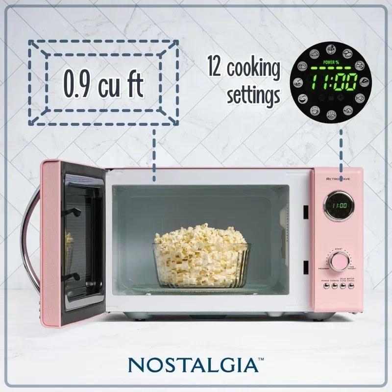 QWNostalgia Retro Countertop Microwave Oven - Large 800-Watt - 0.9 cu ft - 12 Pre-Programmed Cooking Settings - Digital Clock