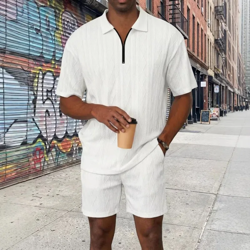 

Men's 2 Piece Textured Short Set Quarter Zip Polo Shirt Matching Shorts Casual Summer Outfit with Cable Knit Pattern